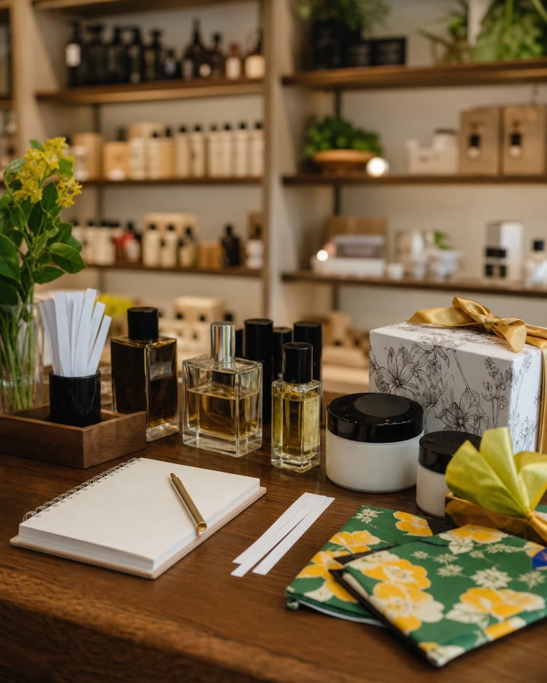 Mesa de atendimento com perfumes, cuidados pessoais e embalagens para presente